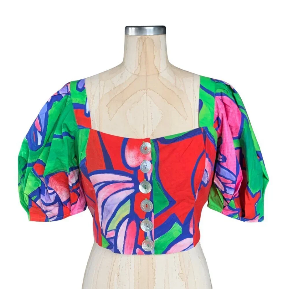 FARM Rio Tropical Bunch Crop Top Multicolored Puff Sleeves Womens Size Small - Picture 2 of 10